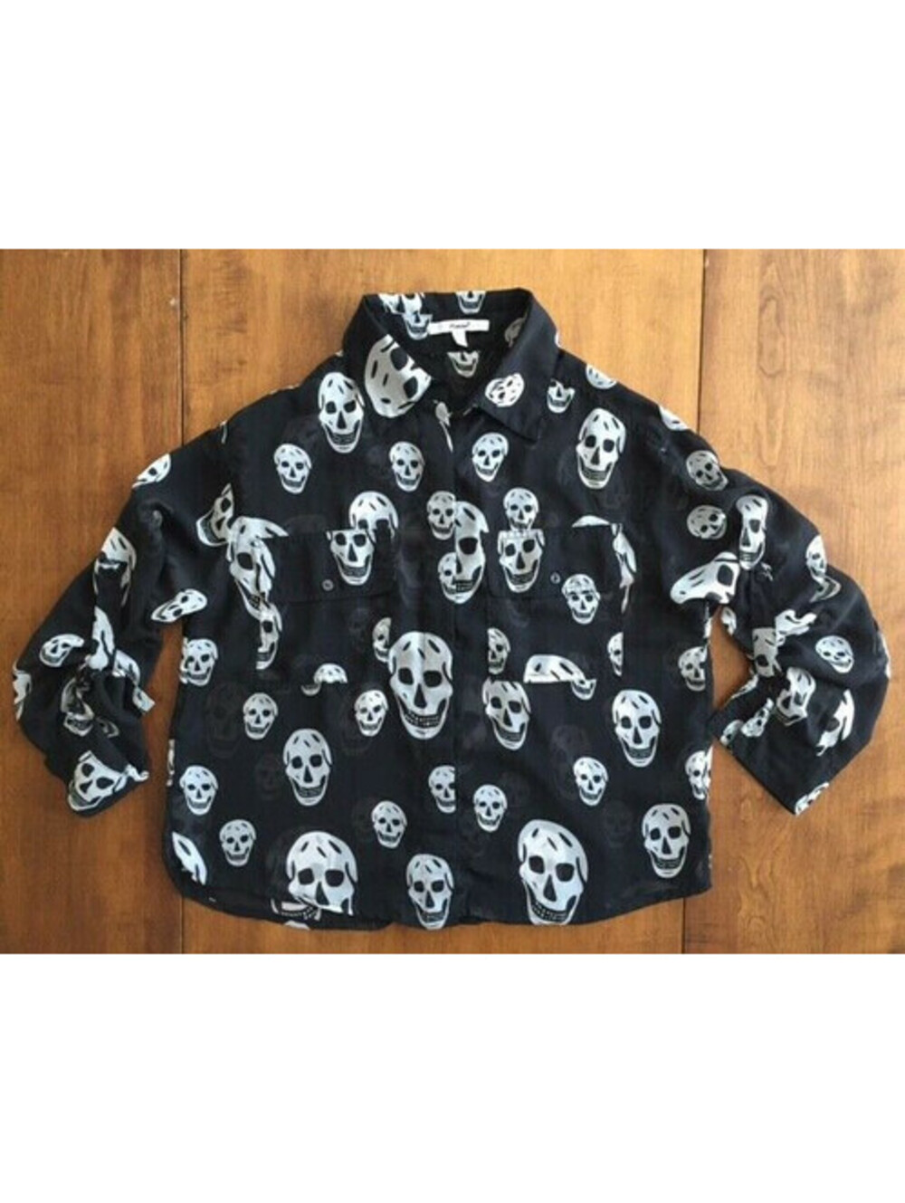 Womens LONG SLEEVE SKULL BLOUSE Halloween Top PAPAYA Button Front / Back BLACK S